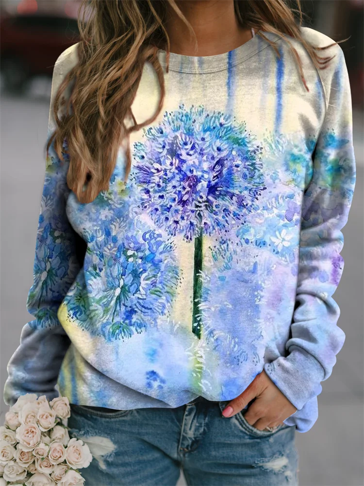 2023 Autumn New Women\'s Fashion Round Neck Street Top 3D Flower Print Long Sleeve Round Neck Loose Fashion Casual Hoodie