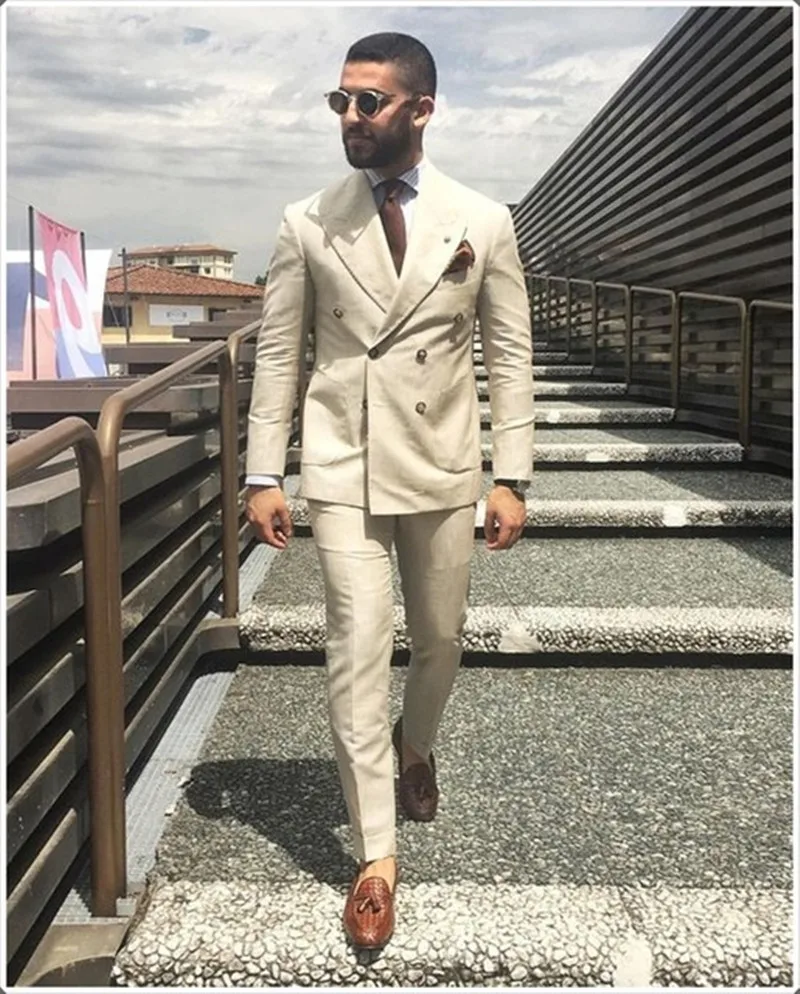 Latest Coat Pant Designs Ivory Beige Double Breasted Men Suit