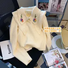 

Women Sweater White Sweet Style Long Sleeve Tops Knits Winter Outfit Women Cloth Solid Simple Style Collar Top Loose
