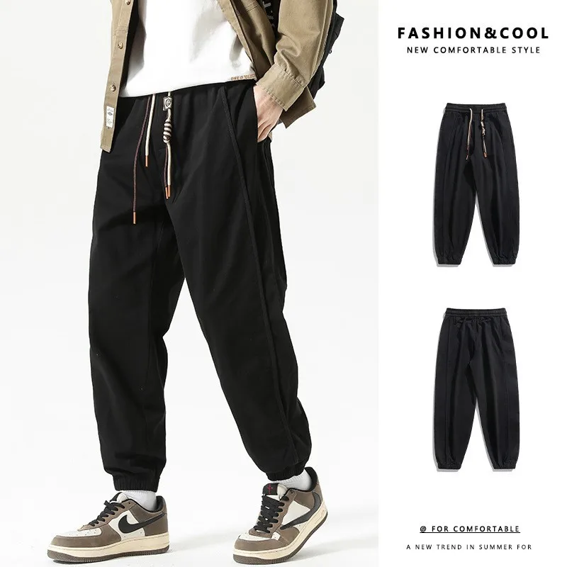 

M-4xl Mens Long Casual Pants Spring Autumn Male Trousers Elastic Waist Pockets Solid Color Ankle-tied Cotton Clothes Hy72
