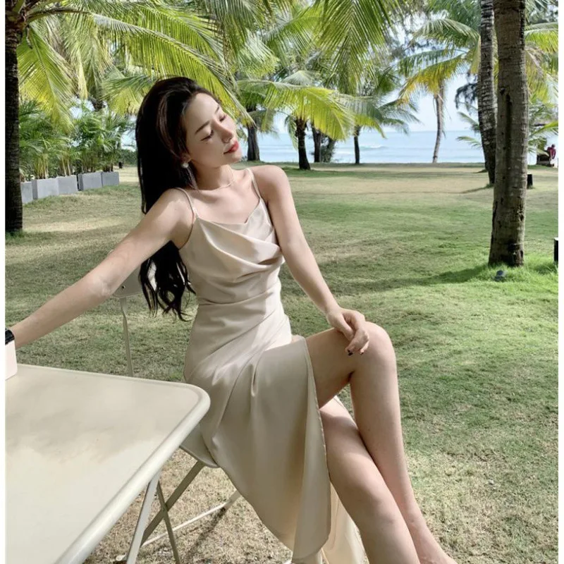 

French Satin Dress Long Strap Dress for Women
