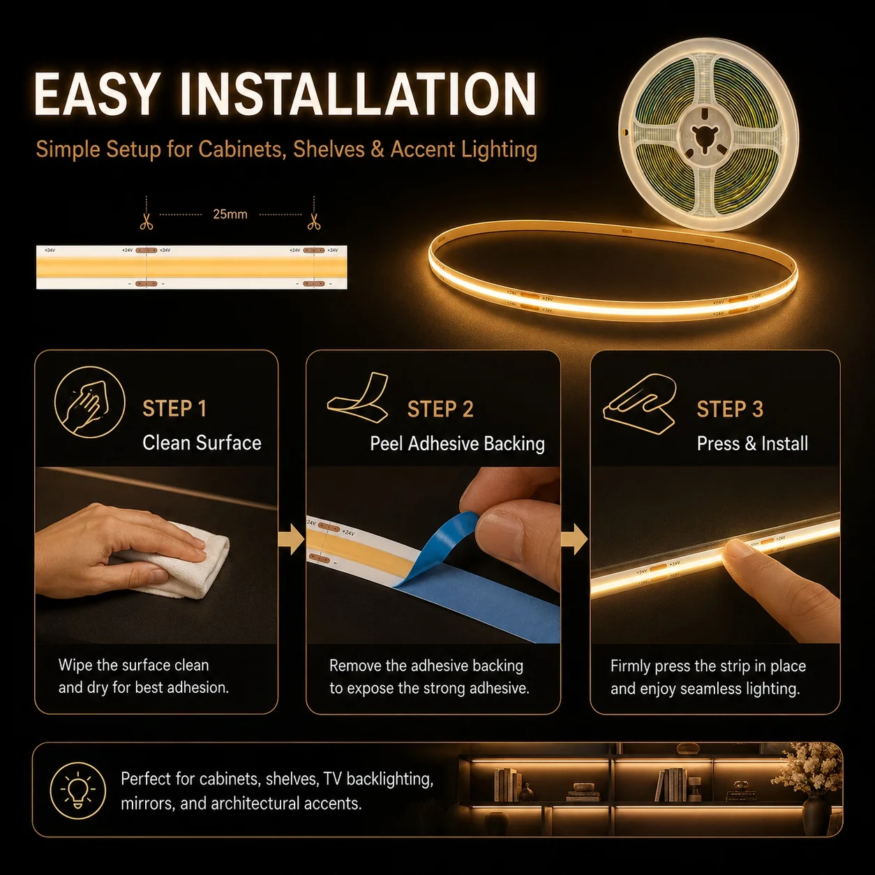 고밀도 도트리스 COB LED 테이프 터치 디머 플렉시블 스트립 라이트 자가 접착식 선형 램프 DIY 가정 장식 조명용