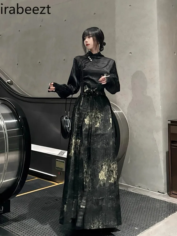 New Spring Chinese Daily Black Advanced Sense Horse Skirt Suit Woman National Style Top Chinese Clothes for Women