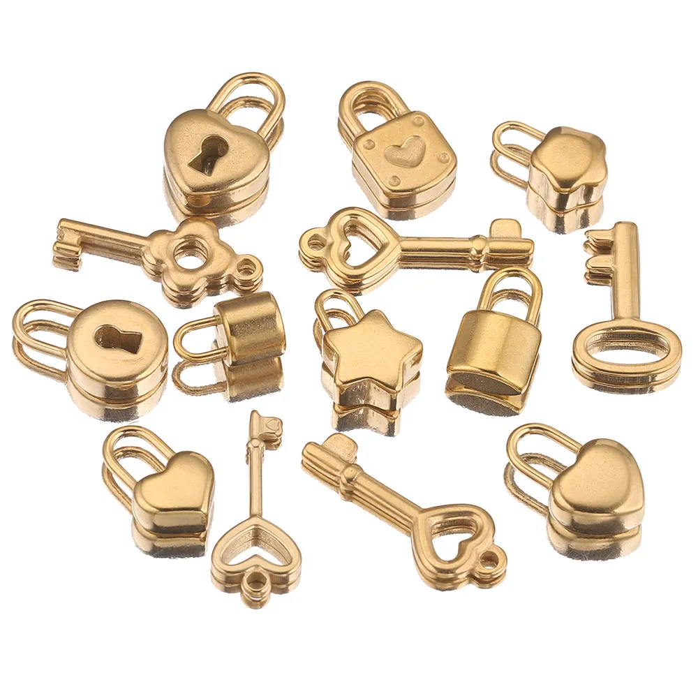 

5pcs Stainless Steel Gold Plated Heart Lock Key Series Love Charms Pendants for Diy Necklace Bracelet Jewelry Makings Wholesale