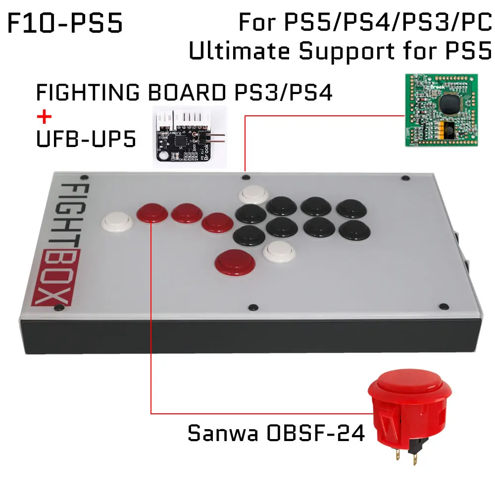 

F10 All Buttons Hitbox Style Arcade Stick FightBox Fighting Joystick Game Controller For PS5/PS4/PS3/PC Sanwa OBSF-24 30 White
