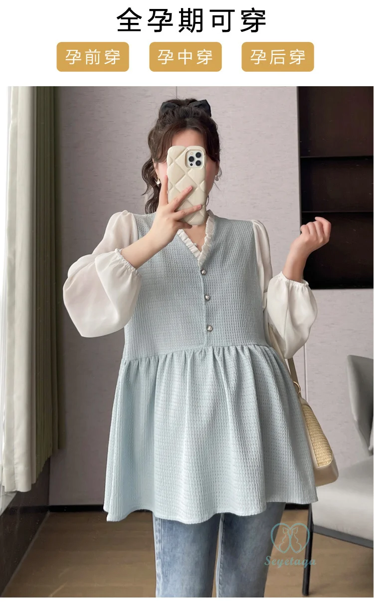 Maternity Tops V Neck Patchwork Blouses for Pregnant Women
