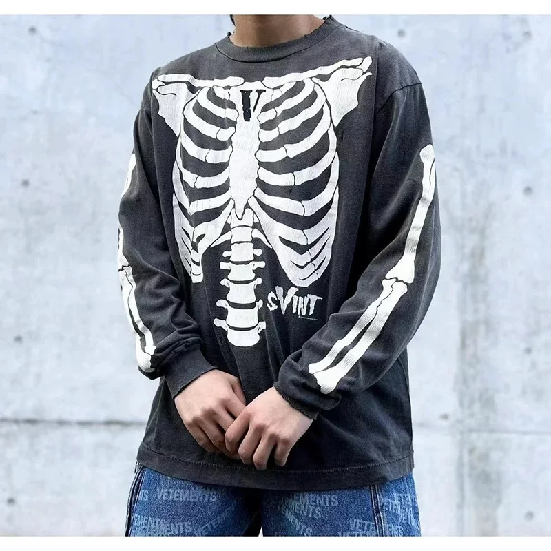 

SAINT MICHAEL Skull Round Neck Printed Loose Vintage Sweater Washed Old Sports Pullover