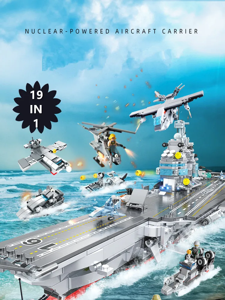 

1086Pcs 19 In 1 Military Ship 52CM Aircraft Cruiser Building Blocks Army Weapon Warship Truck Bricks City Toy for Children Gifts