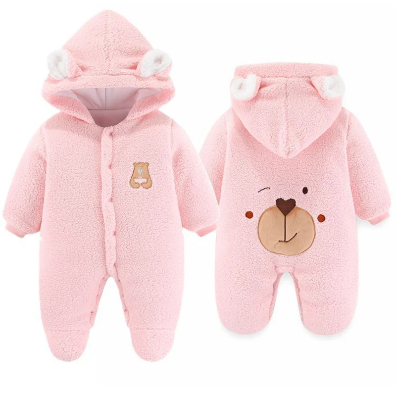 Cute Plush Bear Baby Boy Romper Infant Girl Overall Jumpsuit Autumn Winter Warm Fleece Hooded Baby Rompers Newborn Clothes 0-12M baby clothes baby sleepsuit bear hooded jumpsuit