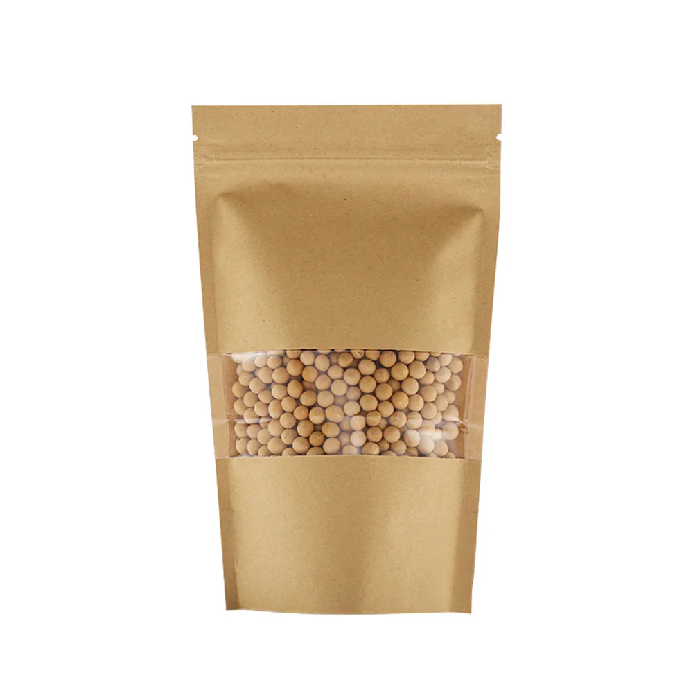 

100pcs Brown Stand Kraft Paper Zip Lock Bags with Clear Window - Food Grade Zipper Resealable Paper Pouch Nuts Snacks Packaging