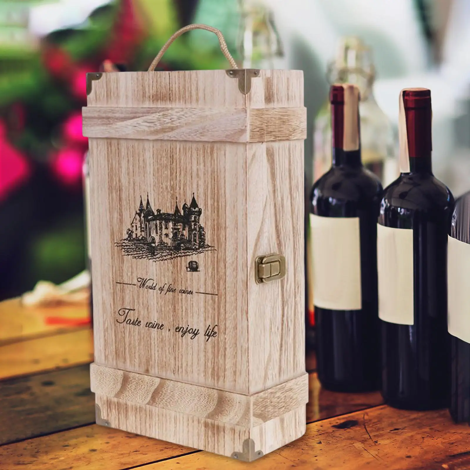 Coffret de rangement en bois pour 2 bouteilles de vin avec poignée