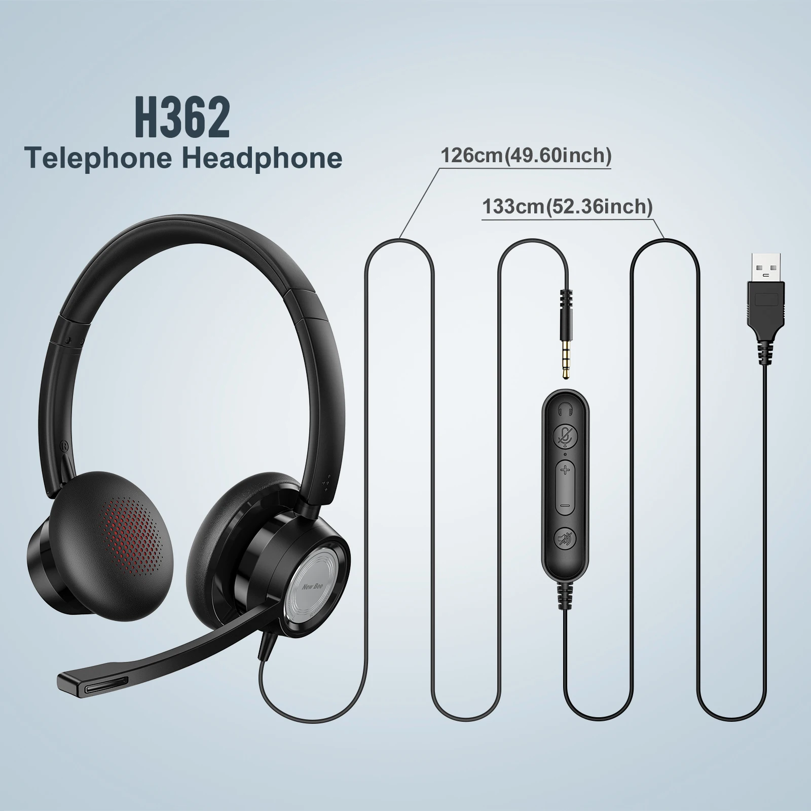 New Bee USB Headset for PC Call Center Headphones Rotatable Mic 3.5mm Business Earphones with Mic Mute Noise Cancelling