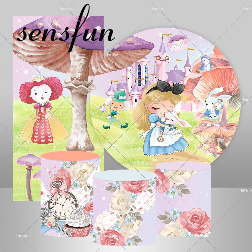 

Baby Alice In Wonderland Round Backdrop Cover for Girls Newborn Baby Shower 1st Birthday Party Decor Cake Dessert Table Banner