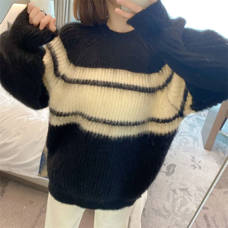 

2023 Autumn Winter New Loose Contrast Color Brushed Pullover Women Sweater Korean Style Pullover Outerwear Sweater Women