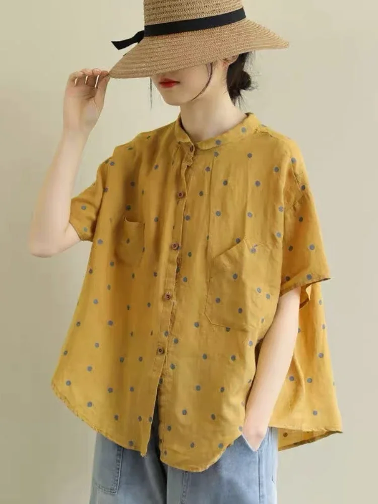 Women's Plus Size Cotton Linen Polka Dot Blouse