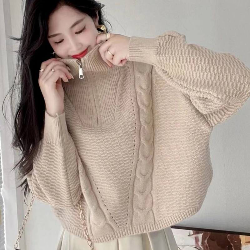 Elegant Women's New Turtleneck Zipper Long-sleeved Sweater Fashion Autumn and Winter Solid Color Retro Pullover Shirt Knitwear