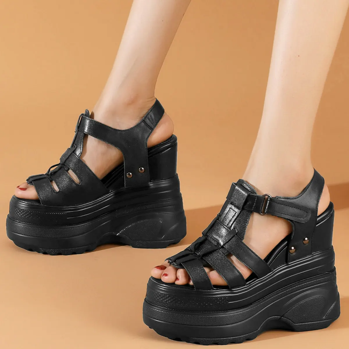 Platform Pumps Plus Size Shoes Women Genuine Leather Wedges High Heel Gladiator Sandals Female Summer Casual Shoe Big Size Shoes