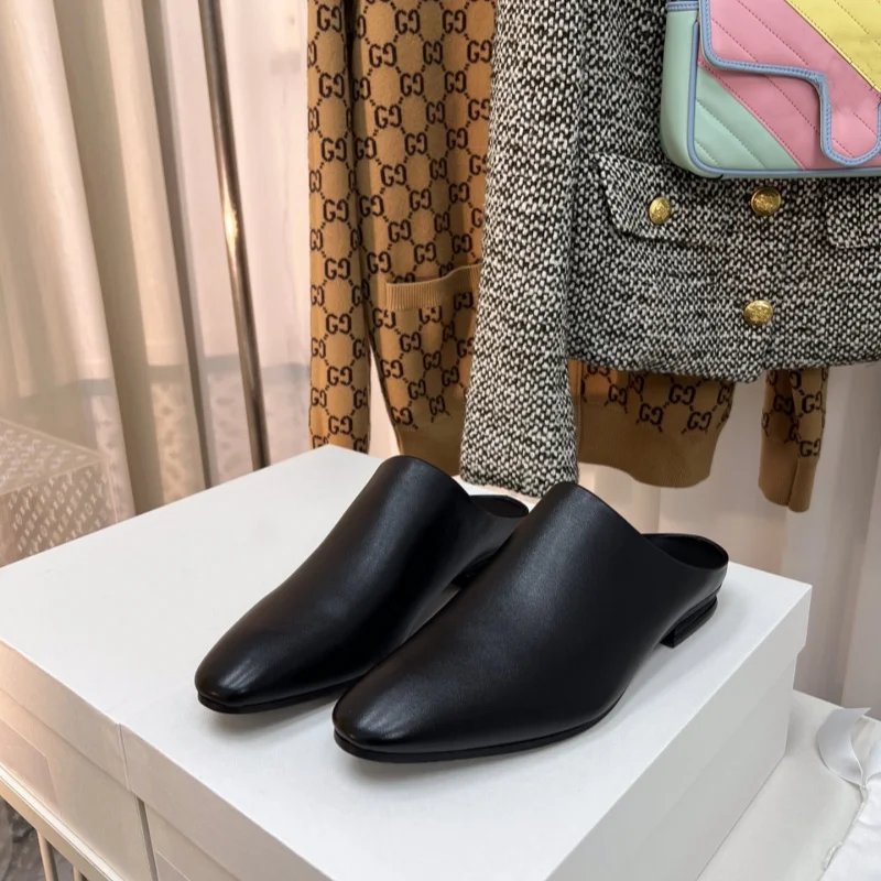 Simple genuine leather solid color loafers for women, retro casual small leather shoes, flat sole single shoes, half slippers