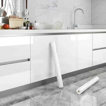 ห้องครัวตู้ Pearlescent หินอ่อนสีขาวกระดาษไวนิลกันน้ําวอลล์เปเปอร์ Peel และ Stick ตกแต่งสติกเกอร์ 1