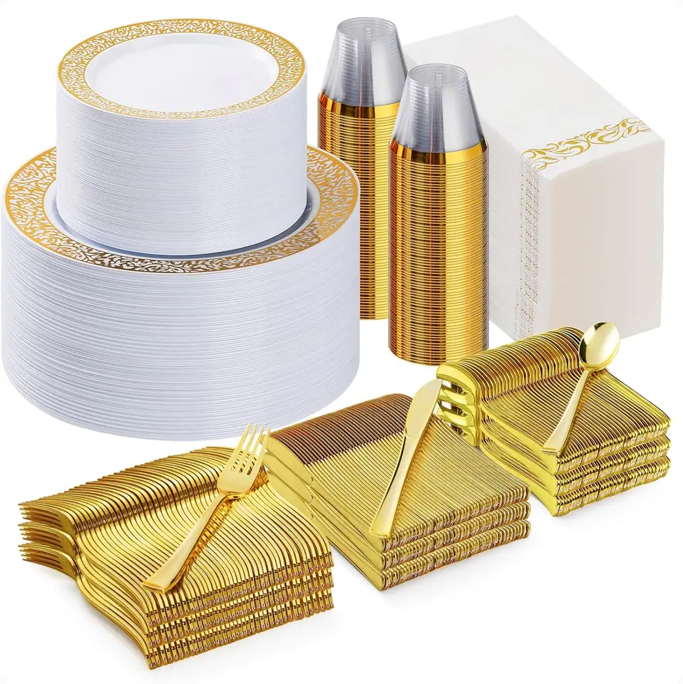 700PCS Elegant Gold Plastic Dinnerware Set