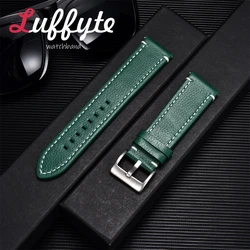 Lichee Pattern Genuine Leather Watch Strap with Pin Buckle - Elegant Casual Wristband Replacement - 22mm (Green )