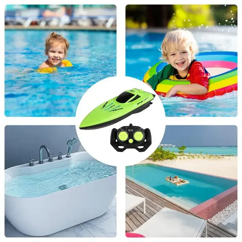 Bateau télécommandé 2.4GHz imperméable pour piscine avec détails du design, jouet aquatique enfant et adulte.