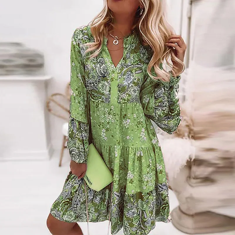 Spring Mini Dresses For Women Summer New Casual Loose Long Sleeve V-Neck Beach Sundress Ladies Short Party Dress 2022