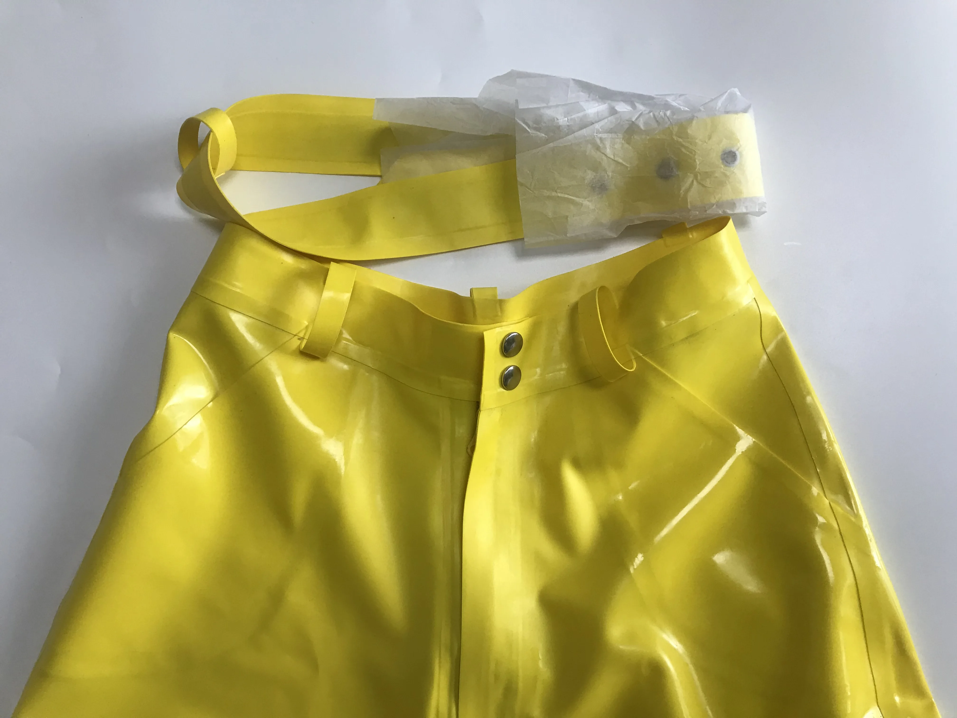 Sexy Yellow High Waist Latex Shorts Pants Belt Pocket with Front Zip and Press Stud