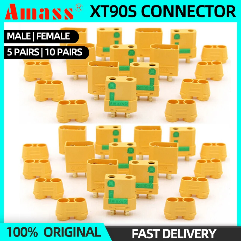 VUNIVERSUM 1 Paire (2 Pièces) Amass XT90S XT90 - Connecteurs Plaqués Or Anti -flash De Qualité Supérieure - Anti-inversion De Polarité - Avec Capuchons De Protection - 90 A RC De Mr