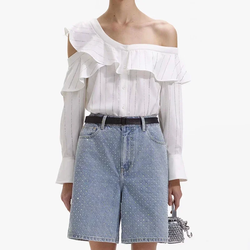 

2024 Spring and Summer Strip-shaped Hot Diamond Sparkling Ruffled Off-shoulder/lapel Long-sleeved Women Shirt