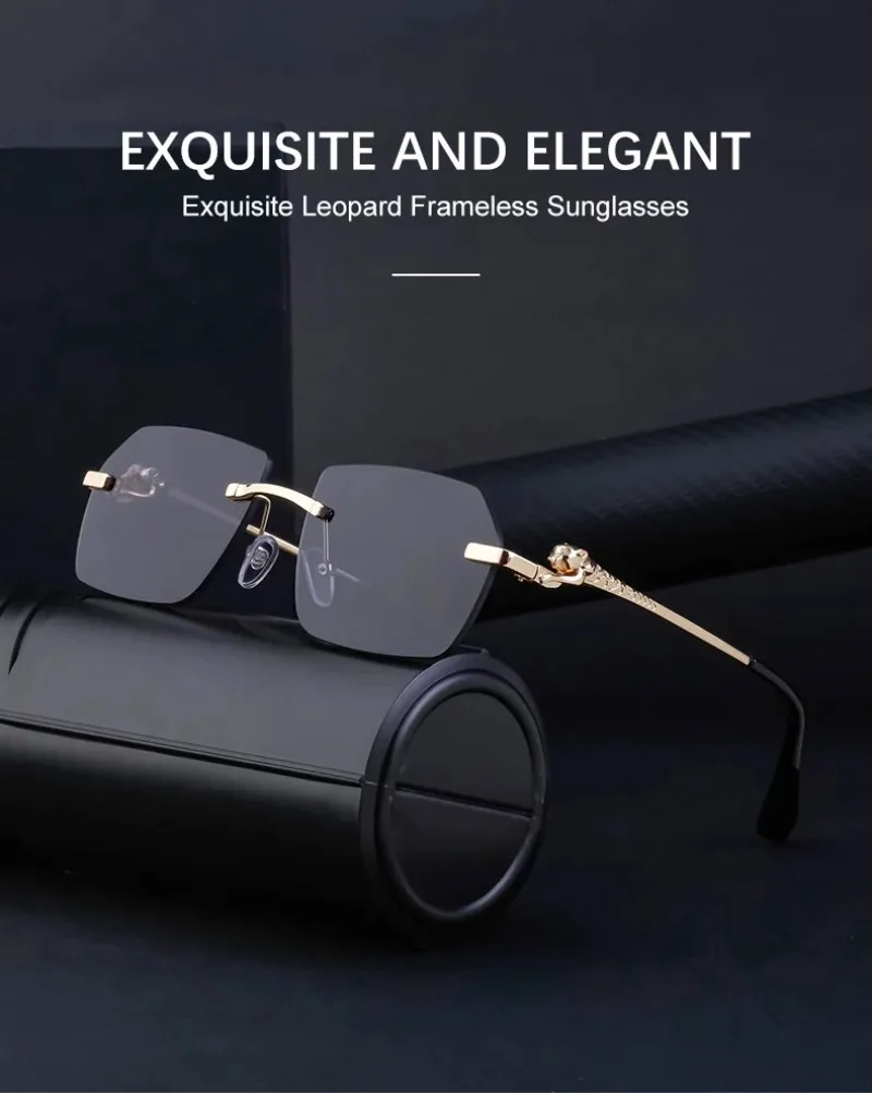 

Luxury Brand Rimless Sunglasses Men Trendy Vintage Cheetah Head Alloy Frameless Eyeglasses Driving Sun Glasses Women UV400