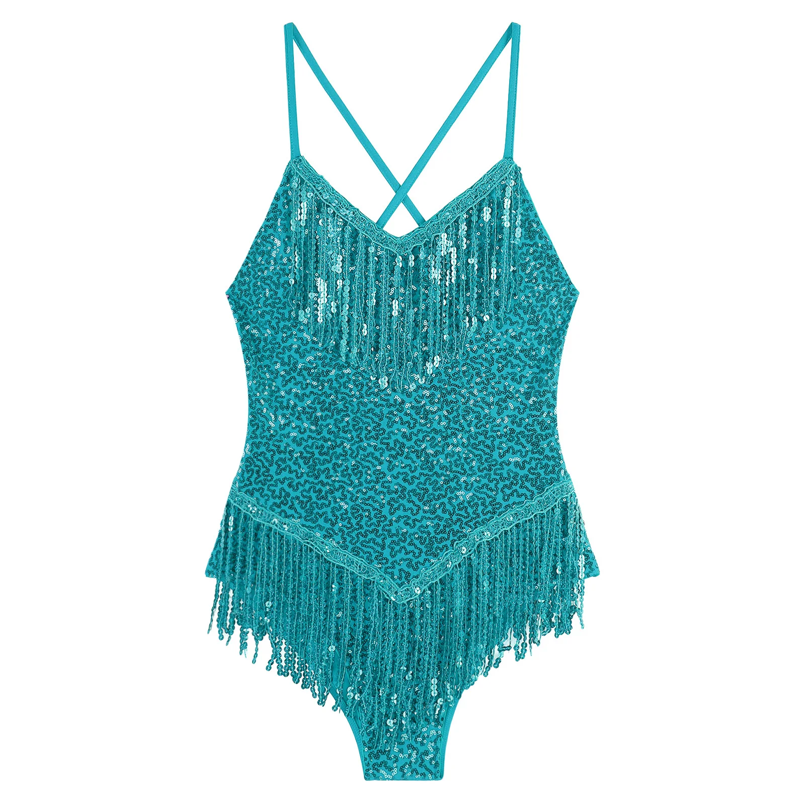 Frauen Latin Dance Cha-cha Samba Rumba Tango Body Ärmel Glänzende Pailletten Quasten Trikot Party Bühne Leistung Dancewear – Detail 5
