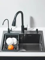 55x45cm Multi-functional Kitchen Sink With Retractable Faucet, Soap Dispenser,Drinking Water Tap Black Stainless Steel Sink 3