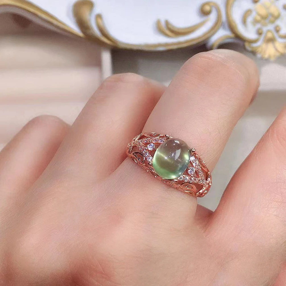 빈티지  천연 보석 반지,  프레나이트 반지, 18K 금도금 실버 페르나이트 주얼리, 2ct, 7mm x 9mm