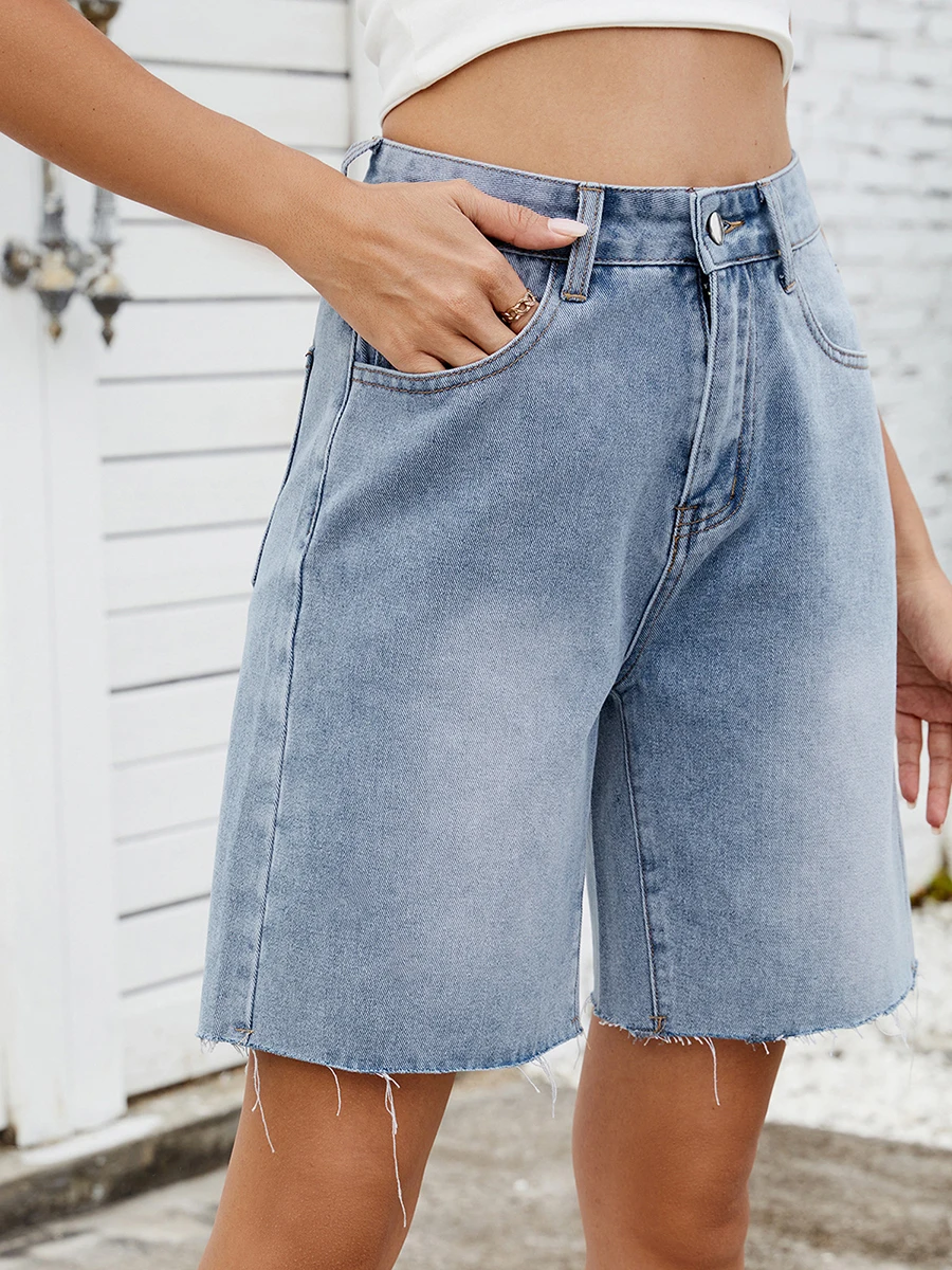 Ladies Distressed Denim Shorts Stylish High Rise Jean Shorts with Frayed Hem and Pockets for Summer Streetwear