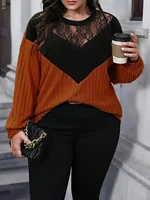 Women's plus size lace patchwork top, casual color blocked round neck long sleeved top, women's plus size clothing