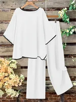 Plus Size Women Casual Fashion Set Loose Comfortable Open Split Half Sleeve Top Wide Pants Long Pant Two Piece Outfit Pajama Set - Image 5