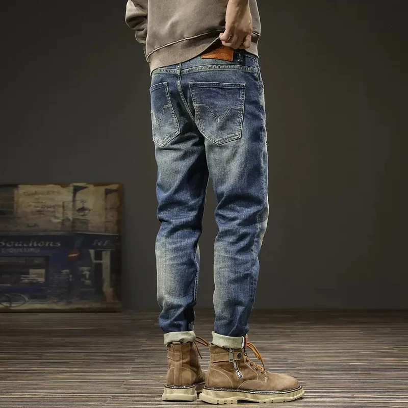 European Vintage Fashion Men Jeans Retro Blue High Quality Elastic Slim Fit Ripped Jeans Men Casual Designer Denim Pants Hombre