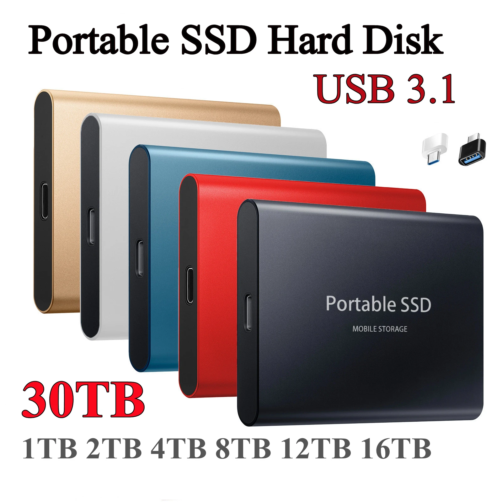 Portable SSD Type-C USB 3.1 8TB 16TB 30TB SSD Hard Drive 500GB 4TB External SSD M.2 for Laptop Desktop SSD Flash Memory Disk auto battery charger