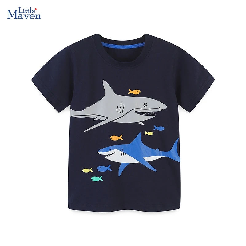 Детская одежда Little maven 2024, летняя футболка для маленьких мальчиков, хлопковые крутые топы с блестками и акулами для детей
