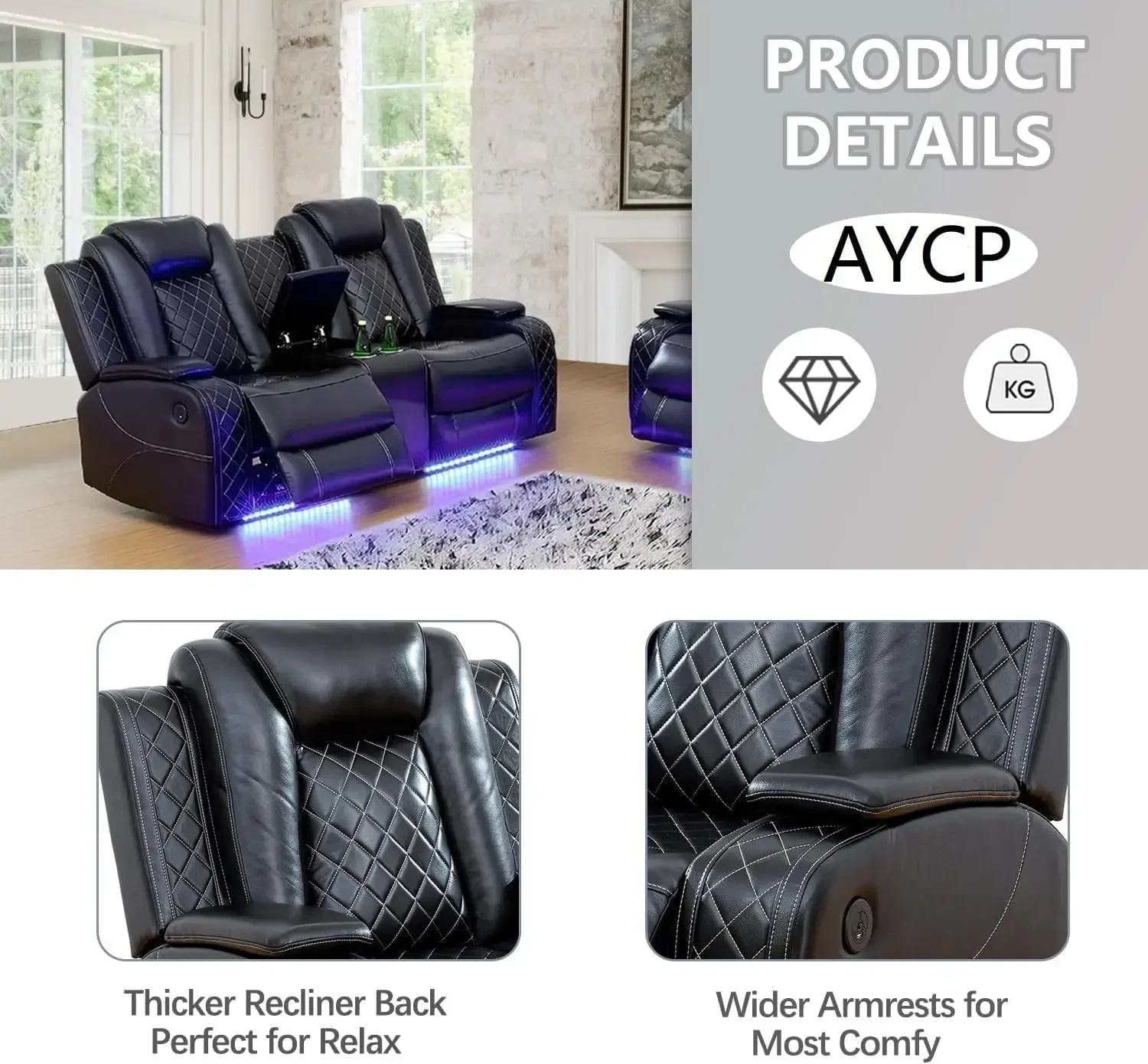 [Best Seller!]Multifunction Power Air Leather Recliner Sofa Set with LED Lights, Living Room Furniture, Reclining Sofa, loveseat