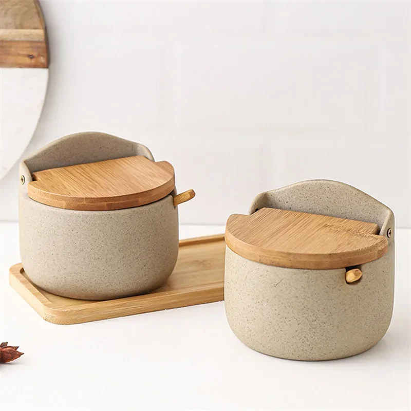 Ceramic Spice Jar with Bamboo Lid for Kitchen Storage