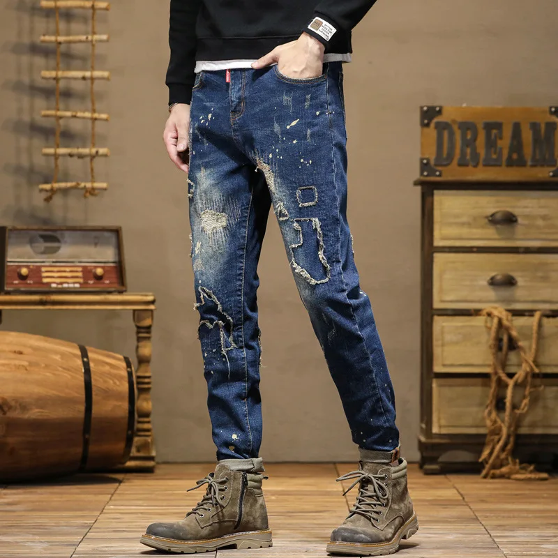 Street Design Motorcycle Men's Ripped Embroidery Patch Stitching Splash-Ink Jeans Men's Trendy Slim Fit Retro Trousers
