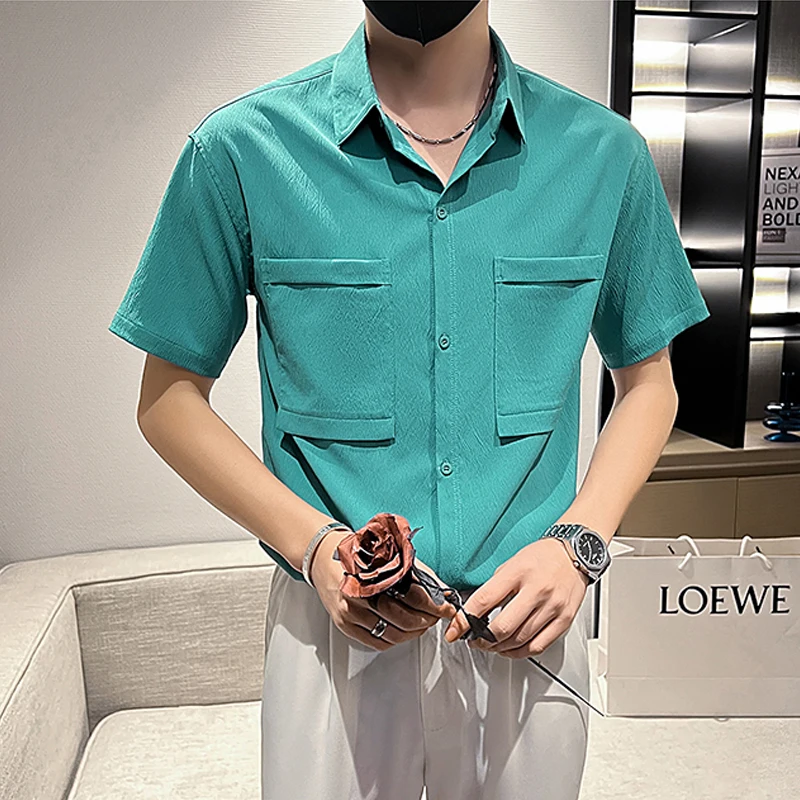 

Plus Size Men Shirts Fashion Summer Double Pockets Short Sleeved Male Casual Shirt Streetwear Cargo Korean Loose Ropa Hombre