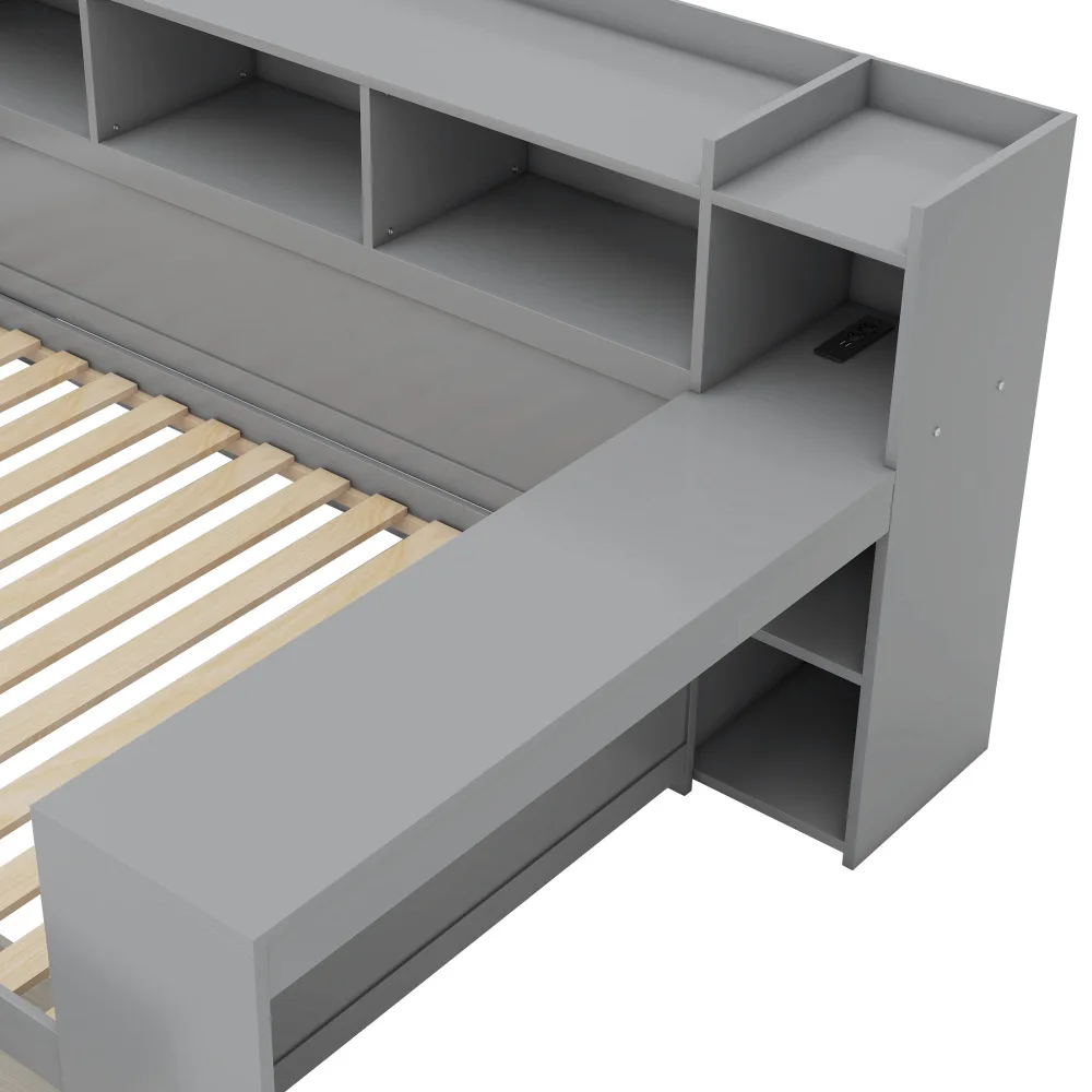 90x200cm Schlafsofa, Tagesbett, Nachttischplatte und Untertischplatte, Bett mit Steckdose und USB-Anschluss, 2 Schubladen, Schreibtisch, ohne Matratze – Detail 34