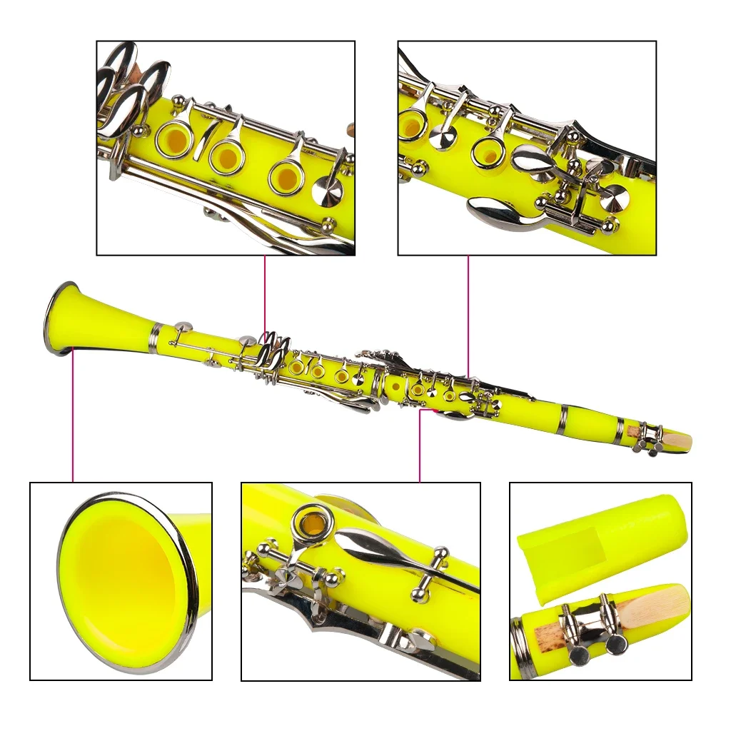 PRO Yellow B Flat Clarinet For Intermediate Student ABS Clarinet Special Practice Mouthpiece Clean Cloth Reeds Cork Grease Case