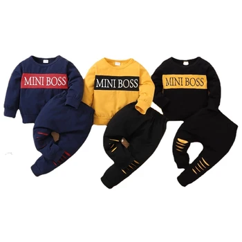 0-18 Months Newborn Baby Boys Clothes Set Cute Letter Print Long Sleeve Tops+Ripped Pants Infant Boys 2PCS Sports Outfit Casual 1