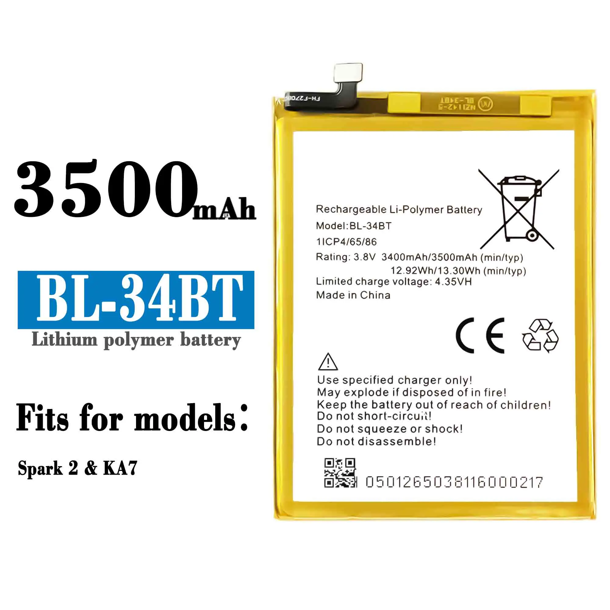 

Compatible For Tecno / KA7/Spark 2 BL-34BT 3500mAh Phone Battery Series