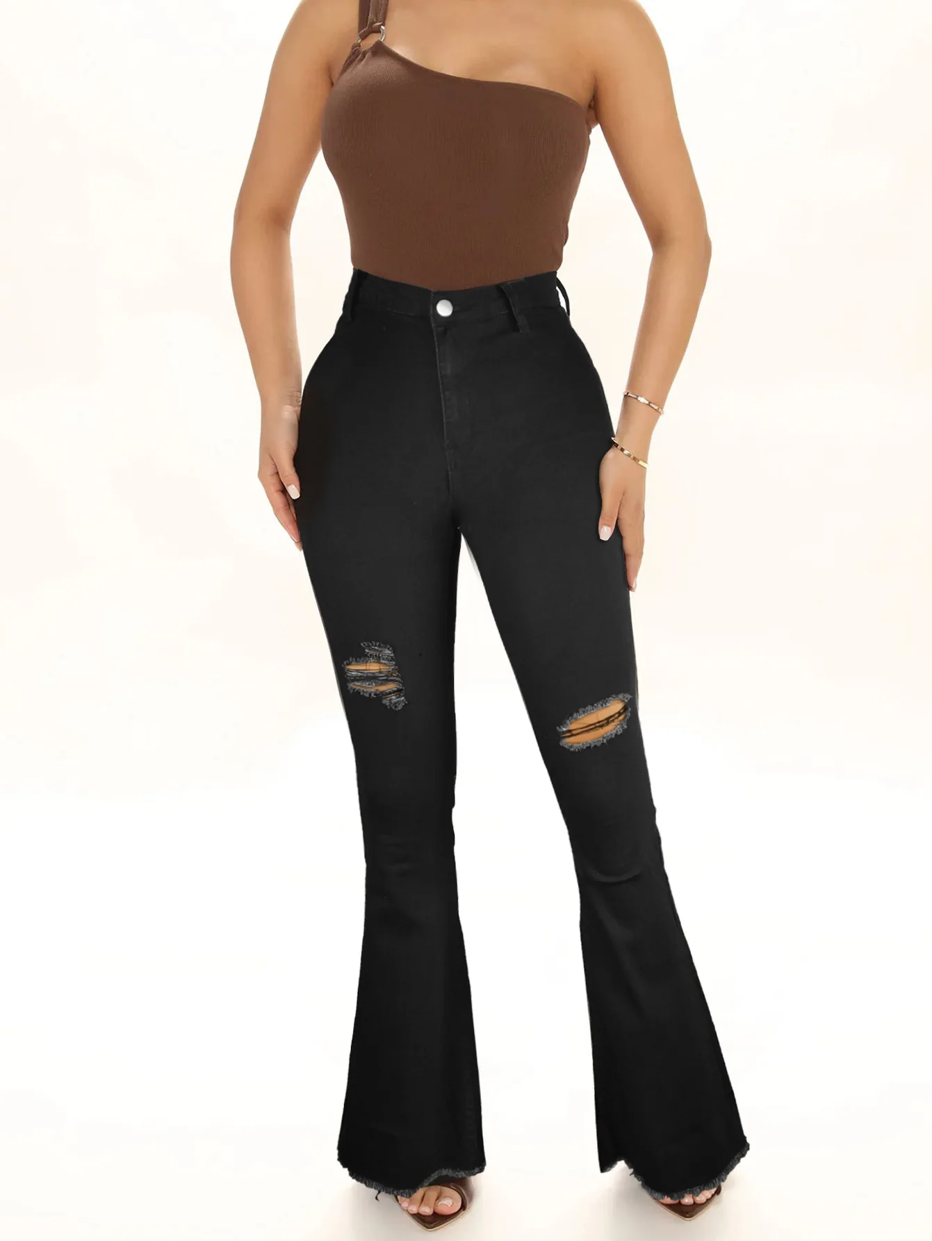 Women's Pants Summer New Black Fashion Personalized Perforated Denim Micro Ragged Pants Female