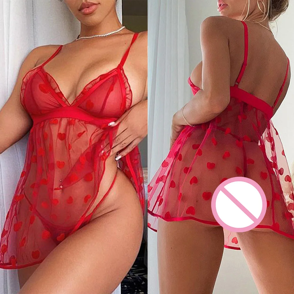 

Women Sexy Lace Lingerie Semi-Transparent Sheer Seduction Sleepwear Red Low Cut Nightwear Thin Chemises Dress G-string Set